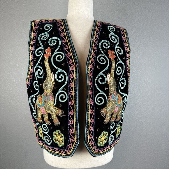 Vintage 70 Oasis Imports Elephant Embroidered Sequin Black Velvet Vest Free Size - Picture 1 of 8